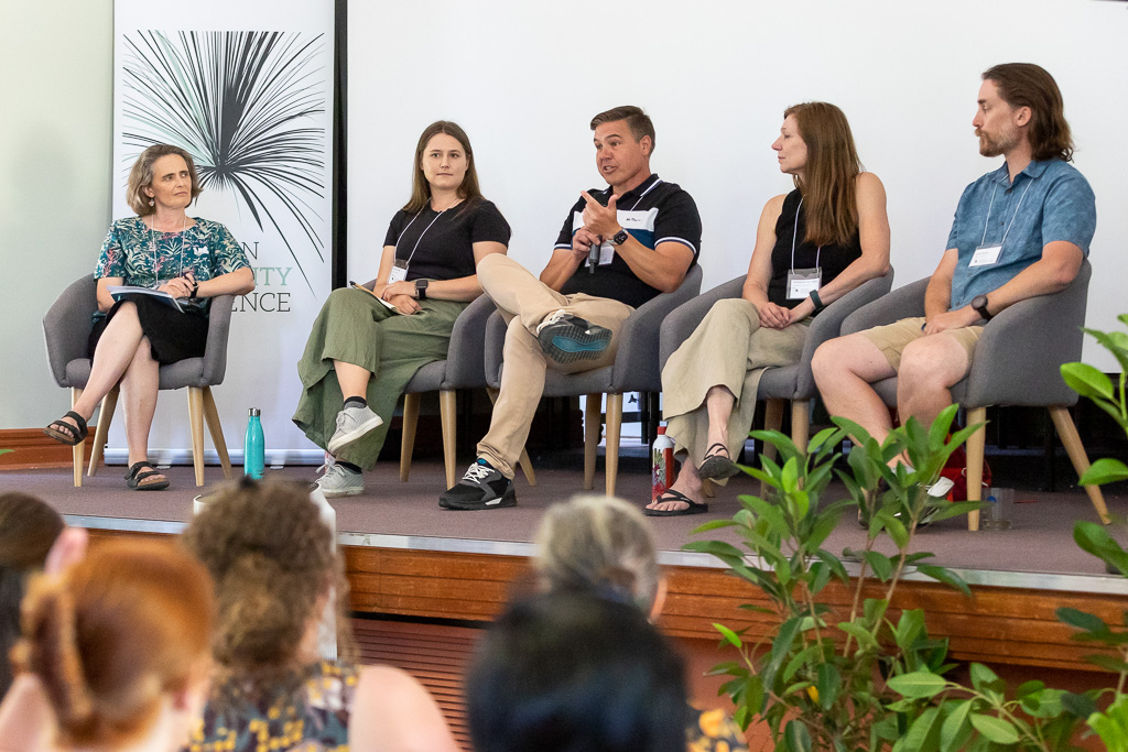 VicBioCon's tweet photo. Today's #VicBioCon23 plenary was about 'Out of the box thinking - Ethics of controversial conservation approaches' with @spectacularia @EuanRitchie1 @AJ_Pask and Dr Emily Gregg - and it was fascinating!
📷Adam Purcell / Melbourne Ceili Camera https://t.co/uAW2AN3N3U