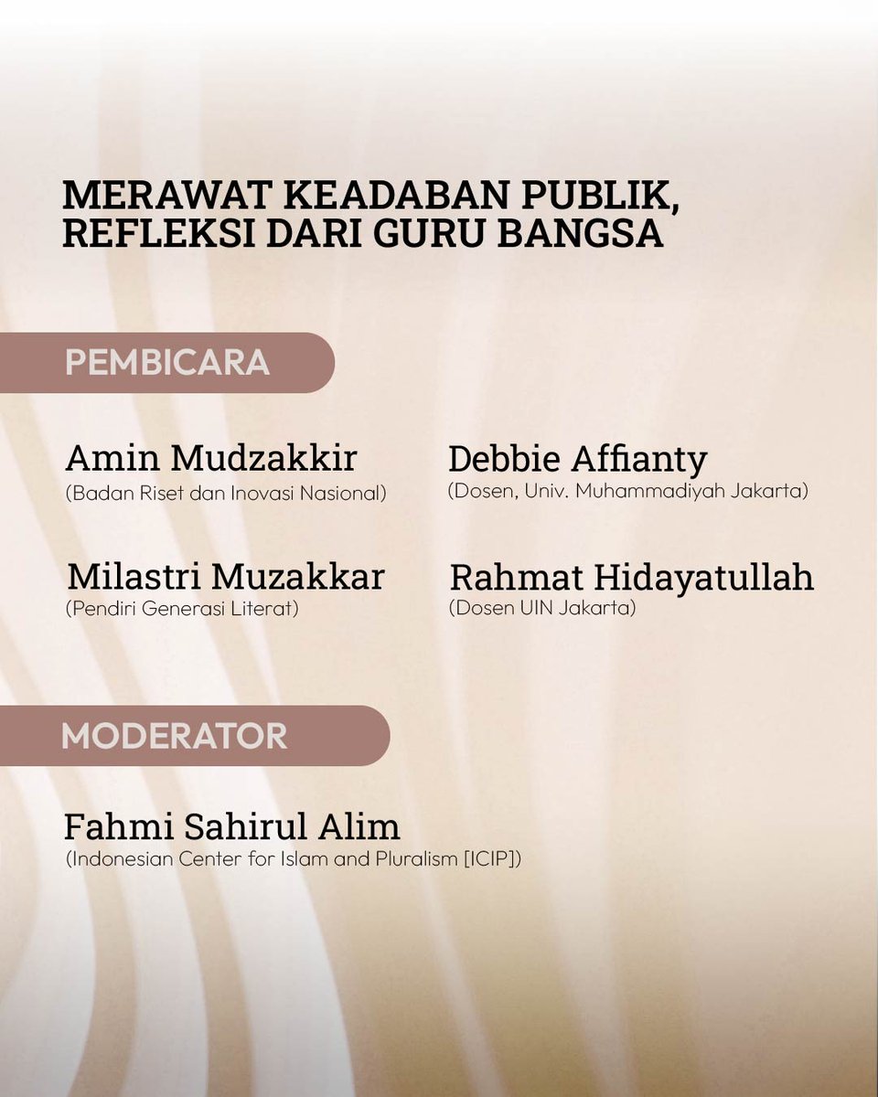 CakNur_Society's tweet photo. Pekan #4 Sumbu Kebangsaan

Mhn berkenan @kopibukanagara @jejalindotcom @hariankompas @ulil @AlissaWahid @savicali @SerambiBuya @BuyaSyafii @DavidKrisnaAlka @Rozi_NCMS @nu_online @islamidotco @iqraID_ @IBTimesID @the_geotimes @musdahmulia @ICRP4Peace https://t.co/7QO2n4O5NF