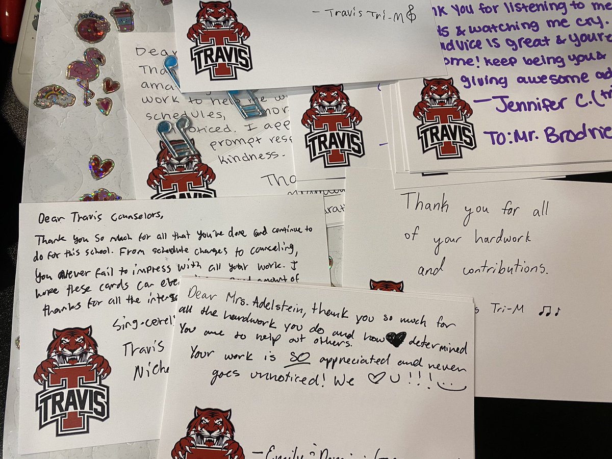 In honor of school counselor week, we made a poster and cards to thank the counselors who serve our school everyday. Way to go trim! 🎼<a href="/THS_Tigers/">Travis High School</a>