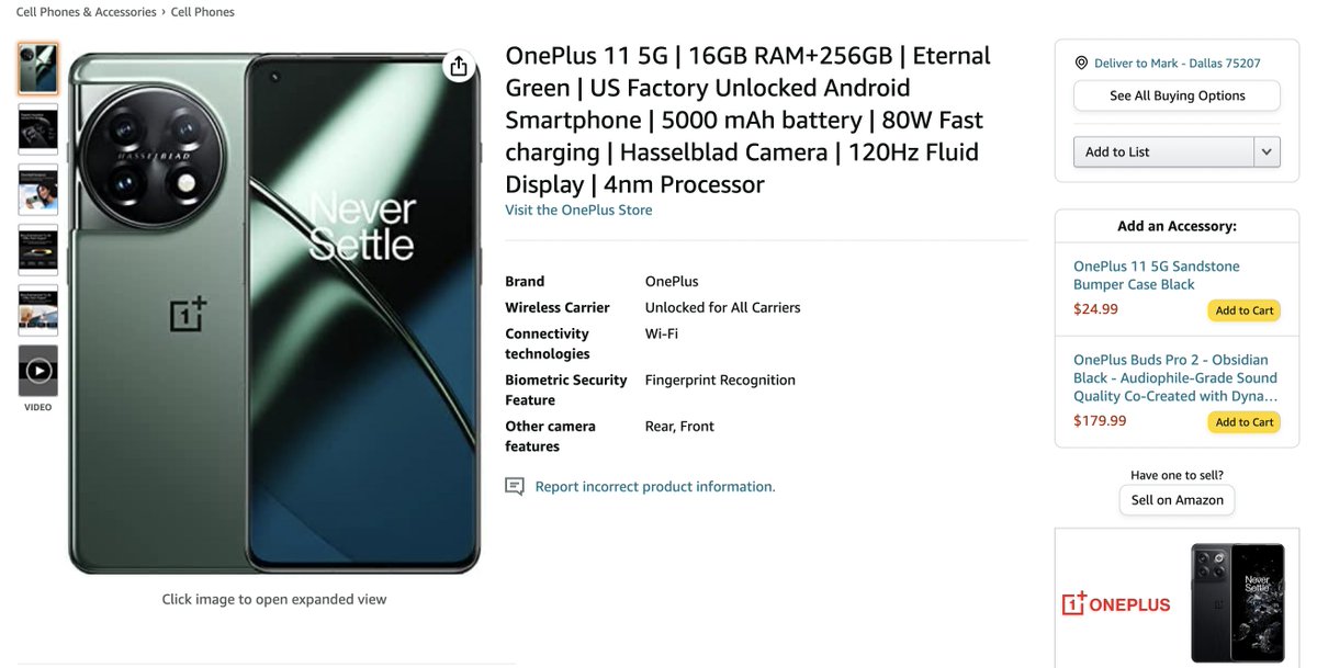 Scorinth's tweet photo. Hey @OnePlus_USA, is the Green OnePlus 11 out of stock? Can't seem to find it on Amazon 🤔 #OnePlus11 #StockCheck https://t.co/xgMXi63yX3
