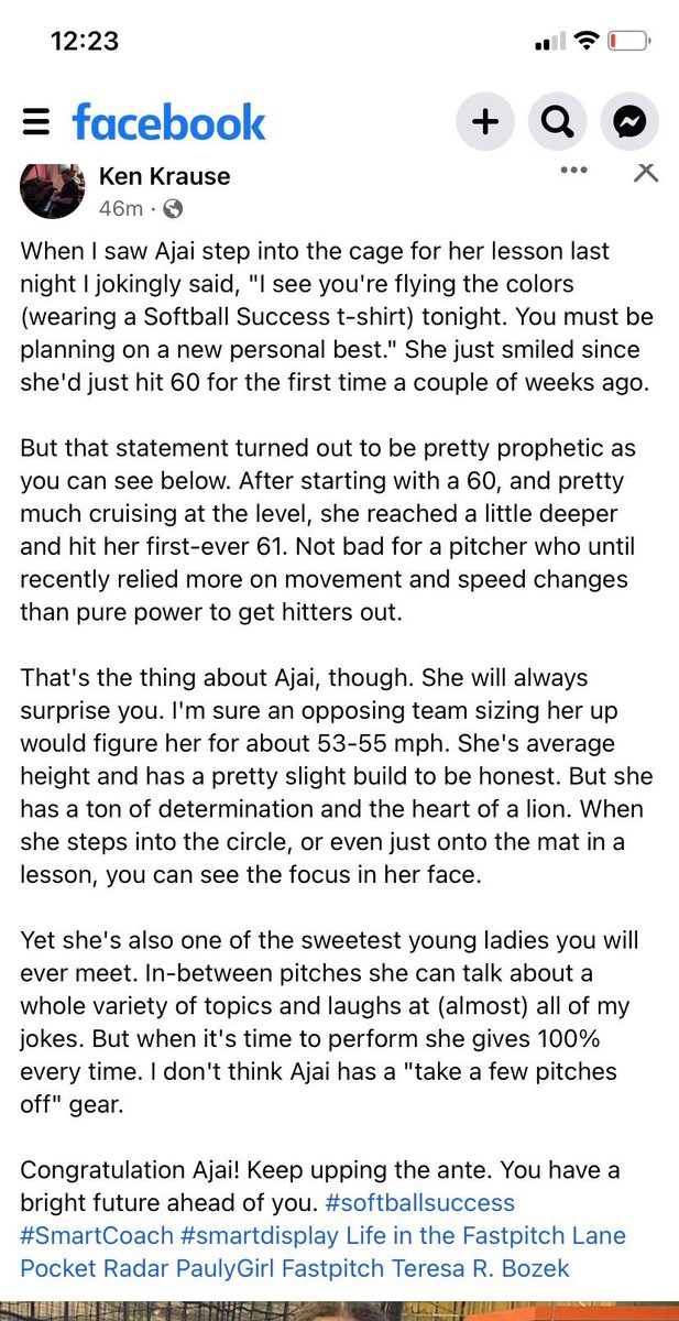Alyssa Bonner (@alyssab003) on Twitter photo I am so proud to have hit 61 mph at my last pitching lesson! Seeing this post that my coach <a href="/kenkrause/">Ken Krause</a> wrote about me made my day. This is an incredibly sweet message, thank you! I am so proud to have hit 61 mph at my last pitching lesson! Seeing this post that my coach <a href="/kenkrause/">Ken Krause</a> wrote about me made my day. This is an incredibly sweet message, thank you!