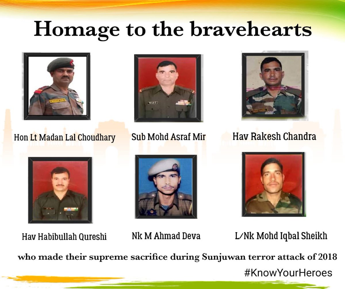 priority_n's tweet photo. Along with HON LT MADAN LAL

Paying Homage to 4 Bravehearts of 1 JAKLI

SUBEDAR MOHD ASHRAF MIR
HAVILDAR HABIBULLAH QURESHI
NAIK MANZOOR AHMED DEVA
LANCE NAIK MOHD IQBAL SHEIKH

And

HAVILDAR RAKESH CHANDRA
6 MAHAR

who Laid Down their Lives in #SunjuwanAttack.
 
#KnowYourHeroes https://t.co/WRNRw2A20j