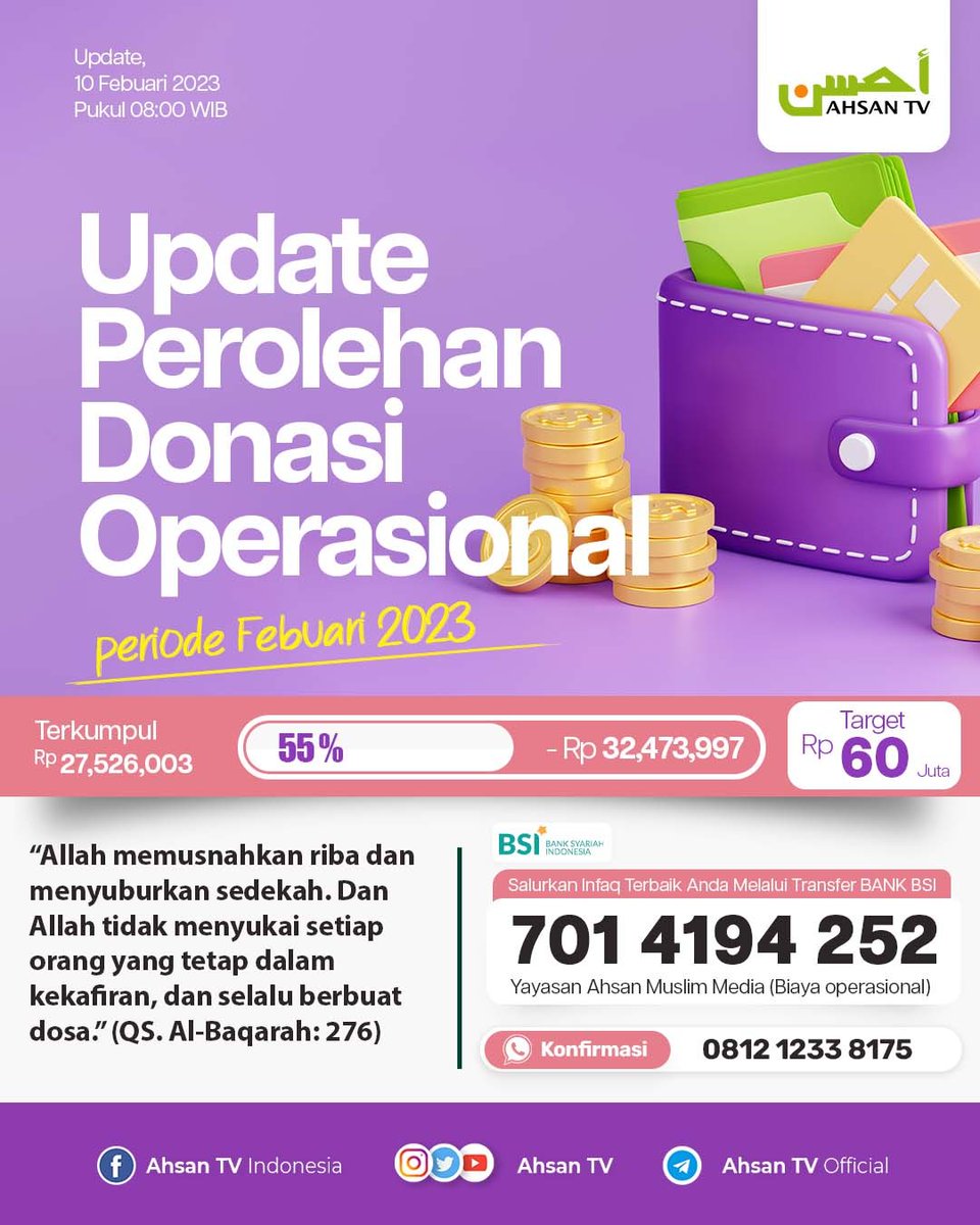 ahsantv's tweet photo. 📡 Yuk Bantu Dakwah AhsanTV 📡
┈┉┉━━━¤📖¤━━━┉┉┈

1️⃣ Donasi Operasional AhsanTV
Bank BSI 7014 194 252
Yayasan Ahsan Muslim Media

2️⃣ Donasi Biaya Satelit AhsanTV
Bank BSI 709 0781 458
Yayasan Ahsan Muslim Media Div. Satelit

📲 Konfirmasi Transfer:
Wa - 0812 1233 8175 https://t.co/HVpLEZIhuO