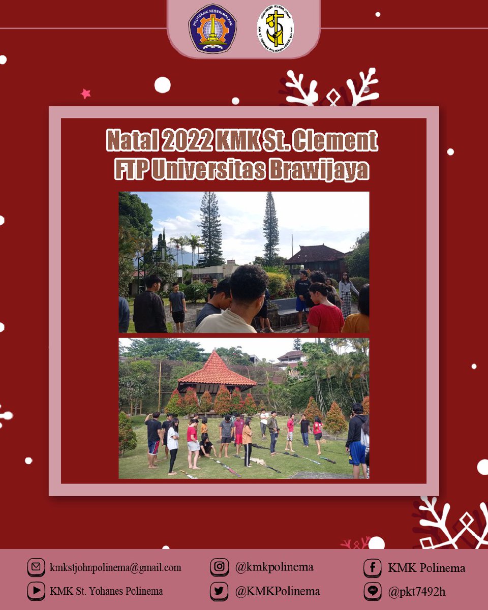 ✨[Kunjungan Eksternal]✨  
.  
Telah dilakukan kunjungan Acara "Natal 2022 KMK St. Clement FTP Universitas Brawijaya" pada Sabtu, 4 Februari 2023 yang diadakan oleh KMK St. Clement FTP Universitas Brawijaya di Villa Melati Batu.  
.  
KMK??? KASIH!!!  
.  
.  
.  
#KMK #kmkkasih