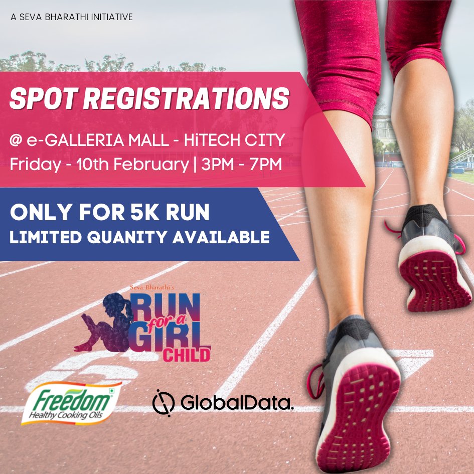 Attention all! 
Spot Registrations will be available For 5K in limited quantity during #BibDistribution ! Don't miss out on this last opportunity. 
Hurry and secure your spot
Details: bit.ly/bib-tshirt
#RunForAGirChild #FreedomHealthyOil #Globaldata #SevaBharathi