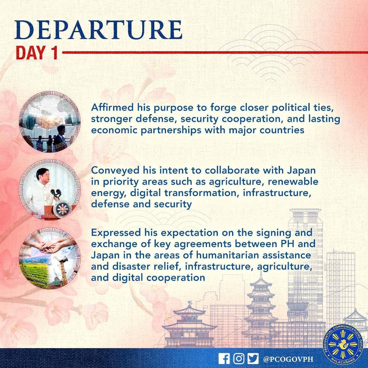 pcogovph's tweet photo. Sa simula ng opisyal na pagbisita ni Pangulong Ferdinand R. Marcos Jr. sa Japan, siniguro niyang paigtingin ang pakikipagtulungan ng ating bansa sa mga prayoridad na usapin. https://t.co/3kCFY6fVUP