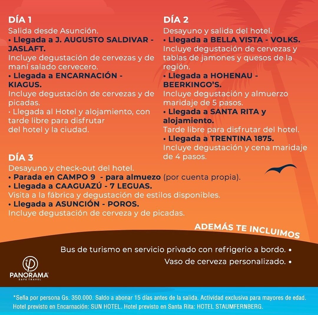 ruta_cerveza_py's tweet photo. Con Panorama Safe Travel podés  acompañarnos en la "Ruta de la Cerveza Artesanal"reservando tu lugar con la promocion de ITAU, en 10 cuotas de 160.000 Gs.
! Que esperas para aprovechar esta promoción ! Reserva tu lugar hoy mismo ! https://t.co/bSNQNVgTpF