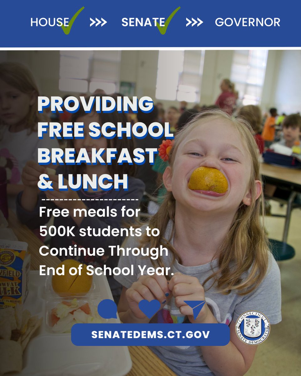 CTSenateDems's tweet photo. PASSED✅

FREE School Lunches &amp; Extending State Budget Safeguards https://t.co/zBnoorZ2fc