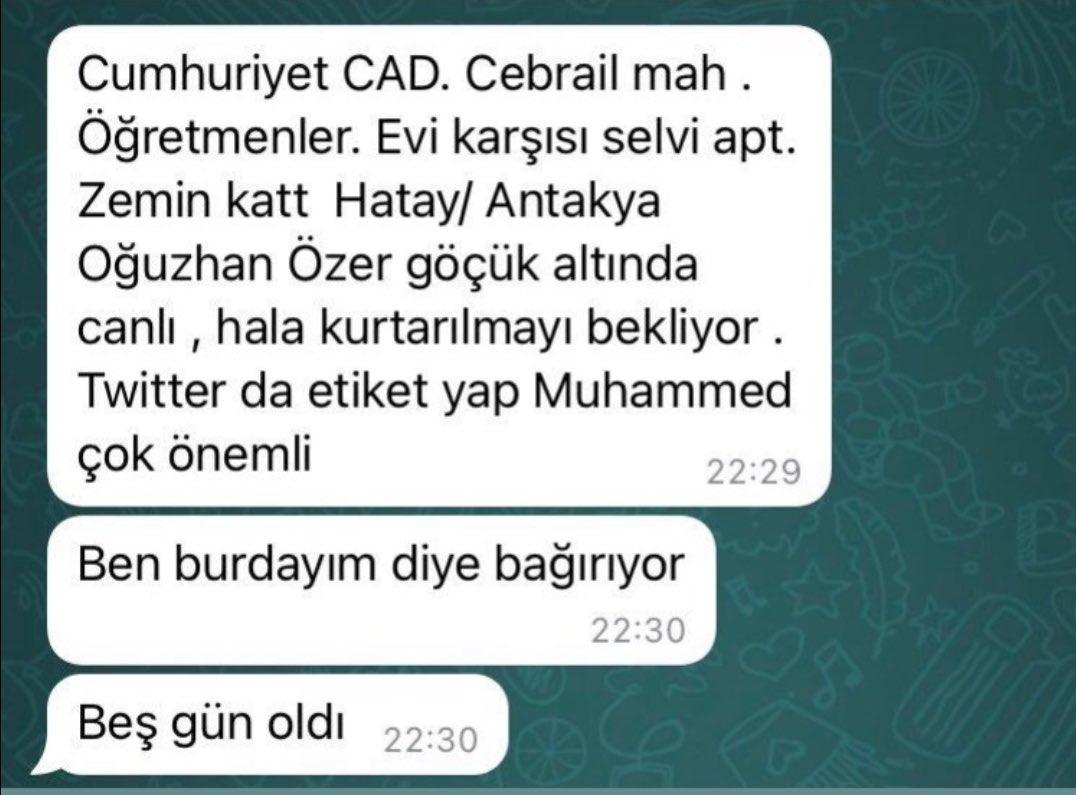 Oğuzhan Özer isimli vatandaşımız enkaz altında, yaşıyor.

Detaylı bilgi için ablasının iletişim numarası: 05414388512

BİR AN ÖNCE YARDIM GEREKİYOR

Şahsın ablası Hatice Özer ile telefonda görüştük

#depremsondakika
#TurkeyQuake
#HelpTurkey
#deprem yaşıyor 
#rönesansrezidans
