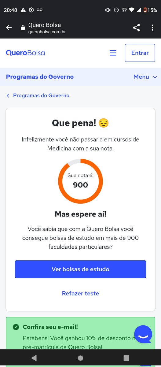sophialm_'s tweet photo. cara o simulador de sisu do quero bolsa kkkkkk simplesmente eles colocam que você não passaria no sisu com todas as notas para mostrar as bolsas que eles dão (coloquei 900 pra testar pq tava achando estranho) https://t.co/QU358D2bC4
