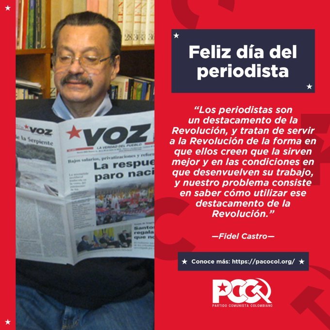 A las y los periodistas en su día *Partido Comunista Colombiano ☭*
<a href="/notipaco/">Partido Comunista Colombiano ☭</a>
🗣️ En el día nacional del periodista, conmemoramos a todos los y las periodistas dedicadas a la transformación del mundo. Las voces alternativas cada vez se escuchan más y más. 📸🎙️⌨️🚩