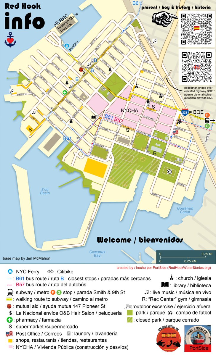 PortSideNY's tweet photo. 🧵 After taking lots of #RedHook #community input here's our map to help #migrant men &amp; workers in the HERRC in #Brooklyn Cruise Terminal. Next version is for cruise ship passengers to draw them to local #smallbusiness @NYCHealthSystem @NYCMayor @NYCEDC @LaurosLiz @NYCCouncil38 https://t.co/Rruoof5xyN