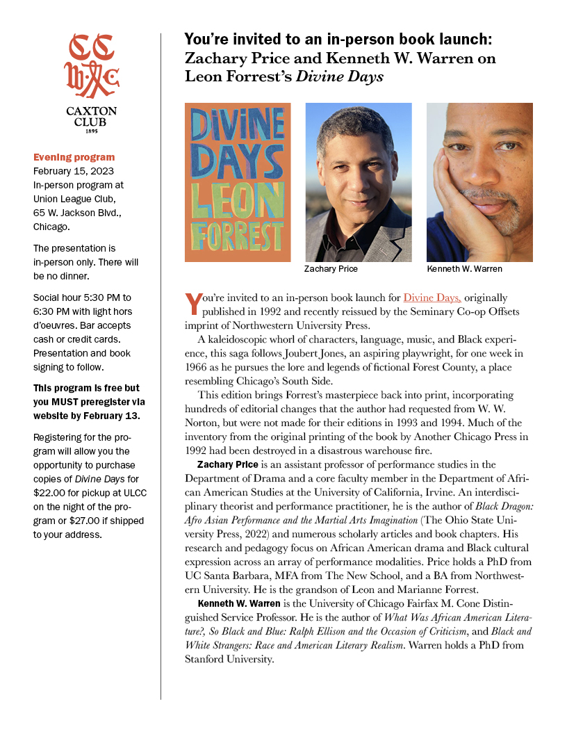 You’re invited: Book Launch for Divine Days (ow.ly/SKb650MOQqc), originally published in 1992 and recently reissued. 2/15/23 5:30 PM ULCC, 65 W. Jackson Blvd, Chicago. Advance registration required by 5:30 PM, 2/13. Click here (ow.ly/wXwx50MOQxC) to register.