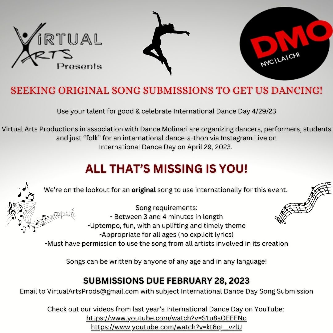 Musician friends - we're looking for an original song for International Dance Day to get folks around the world moving! Join us! 
With #VirtualArts!