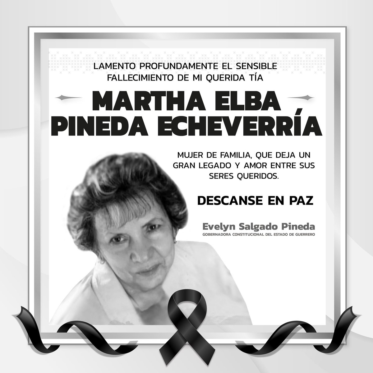 Con un profundo dolor en mi corazón les comparto el sensible fallecimiento de mi querida tía Martha Elba Pineda Echeverría, una mujer que toda la vida me brindó su amor incondicional. 

Vuela alto porque tu luz se queda con los que te amamos. Hasta siempre tía Martha.