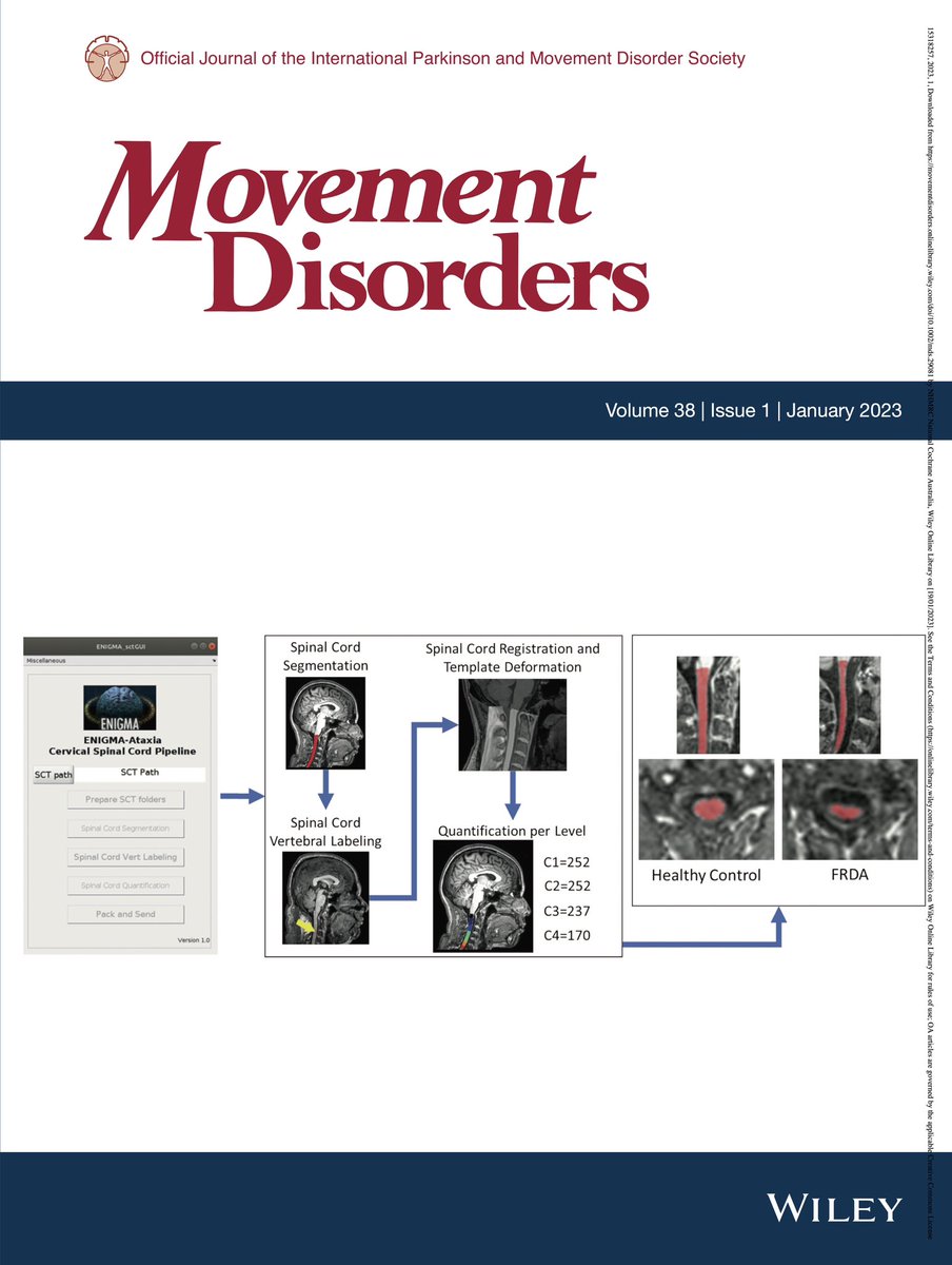 Cerebellum and Neurodegeneration Research Group (@cnrg_aus) on Twitter photo Our research describing progressive spinal cord degeneration in #FriedreichAtaxia from the ENIGMA-Ataxia international working group, led by <a href="/ihharding/">Ian Harding</a> at @MonashCCS and Thiago Rezende and Marcondes Franca at the University of Campinas featured on the cover of Movement Disorders! Our research describing progressive spinal cord degeneration in #FriedreichAtaxia from the ENIGMA-Ataxia international working group, led by <a href="/ihharding/">Ian Harding</a> at @MonashCCS and Thiago Rezende and Marcondes Franca at the University of Campinas featured on the cover of Movement Disorders!