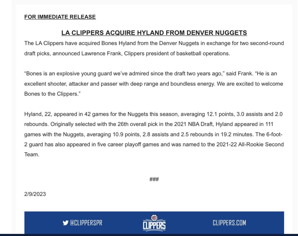 Clippers add Bones Hyland in deal with Nuggets