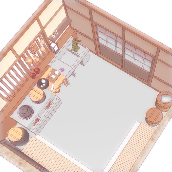 やばー。間取りにハマるとあっというまに時間が。病み明けなのに夜通しやってしまった。次のネタに博麗神社の土間を遣おうと思って調べてたら有志の方々の間取り情報(三月精ベースとのことで)を拝見して、面白くてコテコテと・・・。居間も全然勘違いしてたから、また今度8畳間に移植です。 