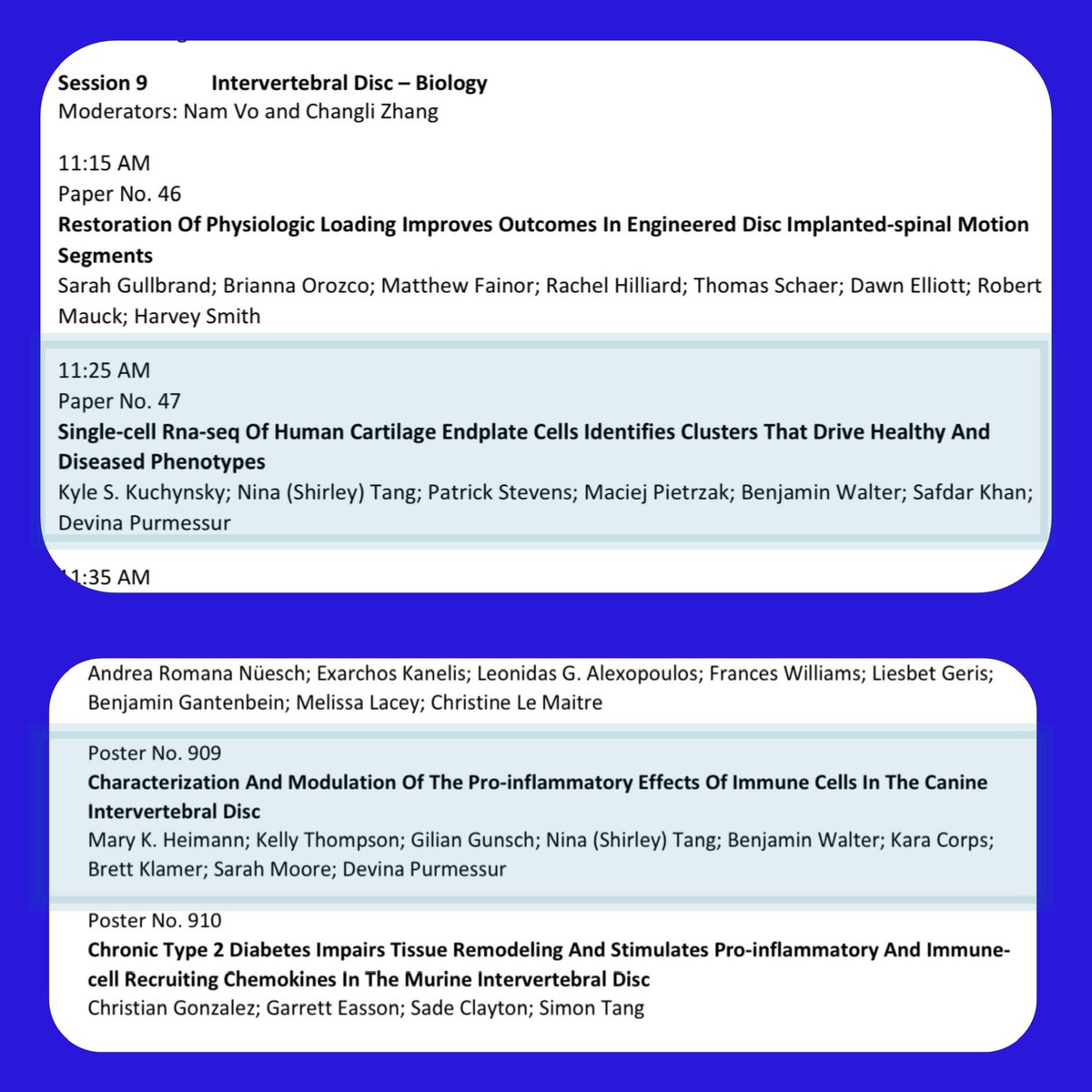 Check out Podium No.47 and Poster 909 at #ORS2023 to learn about #scrnaseq of the human cartilage endplate and #mastcells in the #IVD 

@DevinaPurmessur @Kuchynskynator @SafdarKhanMD @WalterSpineLab @docsmooresie