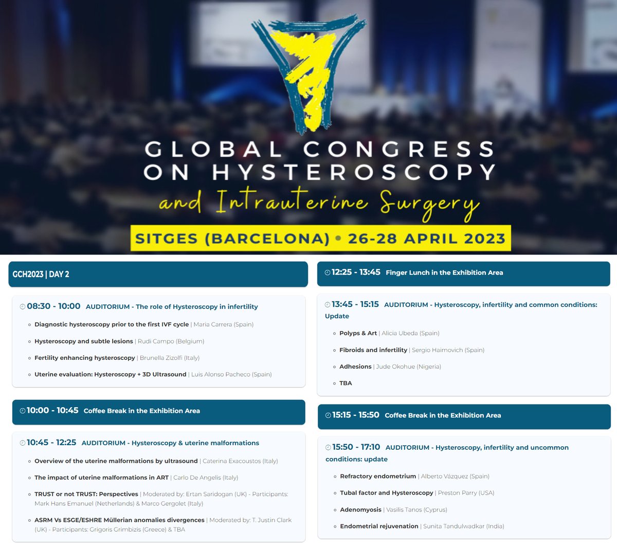 Si trabajas en una unidad de reproducción y te interesa la cirugía reproductiva.... no puedes perderte el Global Congress of Hysteroscopy... Todo un dia sobre histeroscopia y fertilidad!!!!!  Te espero alli 
  (traduccion simultanea al español)