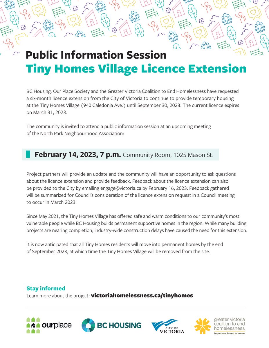 WeAreNorthPark's tweet photo. @CityOfVictoria will be at the NPNA's Feb 14 meeting to receive feedback on a proposed 6 month licence extension (Sept. 2023) being proposed for the Tiny Homes Village. (Current licence expires on March 31, 2023.) 

🔗 Zoom link and agenda: https://t.co/5a52MsTdMB

#yyj https://t.co/SnO372IRFD
