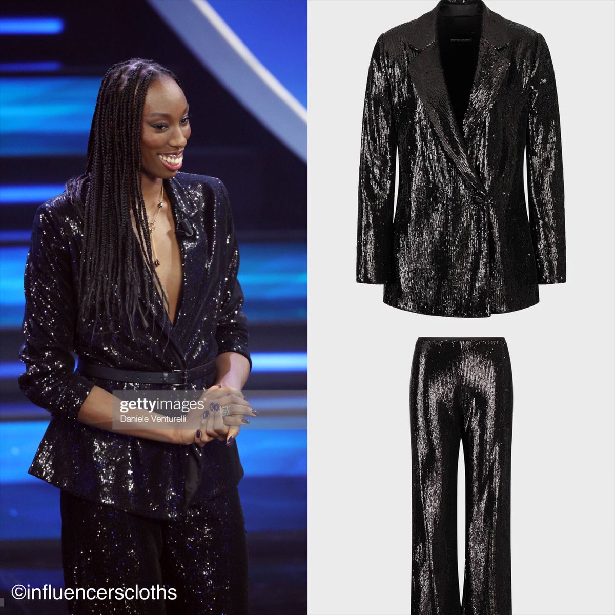 lookinfluencers's tweet photo. Paola Egonu in ARMANI PRIVÈ (abito bianco) e EMPORIO ARMANI (completo paillettes nero) a #Sanremo2023 https://t.co/nQGuKvZqSG