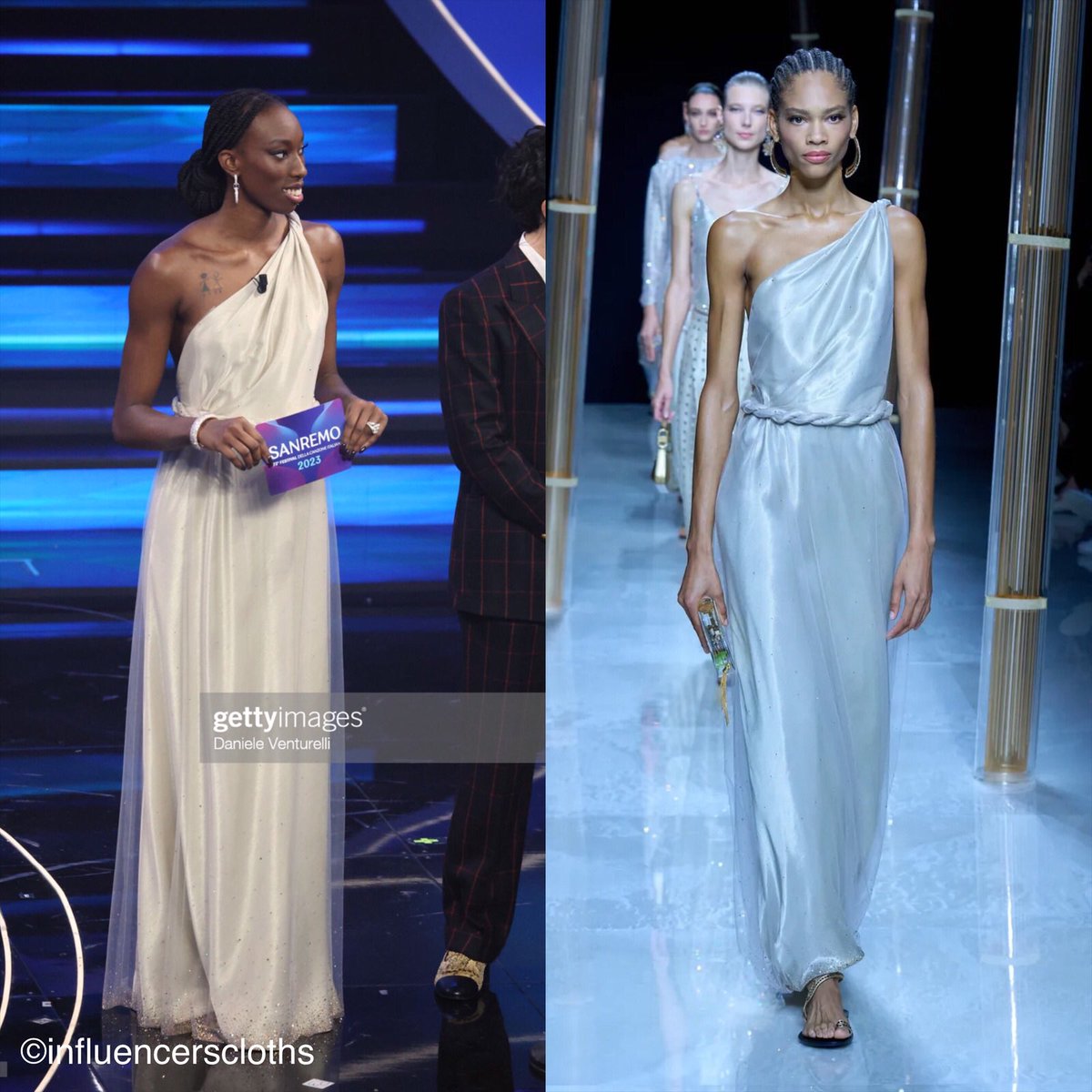 lookinfluencers's tweet photo. Paola Egonu in ARMANI PRIVÈ (abito bianco) e EMPORIO ARMANI (completo paillettes nero) a #Sanremo2023 https://t.co/nQGuKvZqSG
