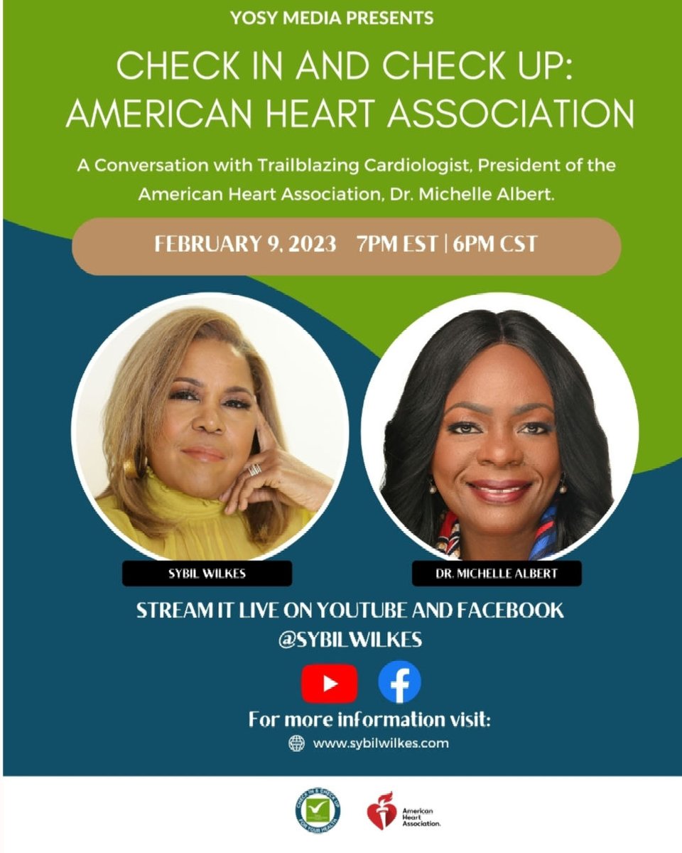 SybilWilkes's tweet photo. Join us LIVE tonight for a conversation with Trailblazing Cardiologist, President of the American Heart Association, Dr. Michelle Albert. @american_heart
Check In and Check Up
FEBRUARY 9, 2023
7PM EST | 6PM CST
#whatyouneedtoknow #checkinandcheckup #SybilWilkes #hearthealth https://t.co/6BrANUbuHE