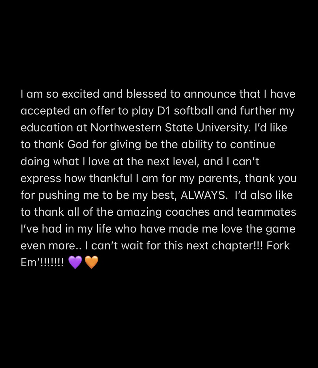 sarakatebooker's tweet photo. Can’t wait to be a part of @NSUDemonsSB !!!!!! Thank you @DonaldgPickett @s_lex23 and @the_MARR for the opportunity! And thank you to @normanbooker03 @mhstiger @Nik_Booker @BookerK_03 @emma_callie15 @jenk1544 @Lapridegold for the constant support and faith in me!! #ForkEm 💜🧡 https://t.co/uKJLkSFRxX