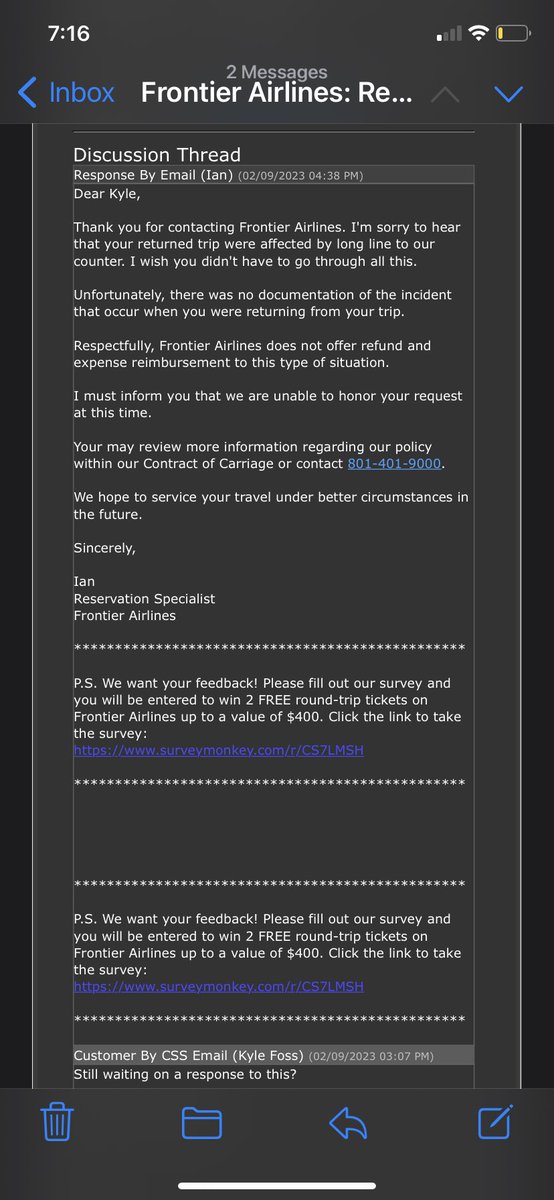 k_foss86's tweet photo. Still not acceptable @FlyFrontier @FrontierCare I will not stop until this is resolved in my favor and will Continue to tweet out tagging any kind of news outlet I can until resolved.  I will contact any and everyone I can who works for frontier including CEO #barrybiffle https://t.co/yK6qcOU8EE