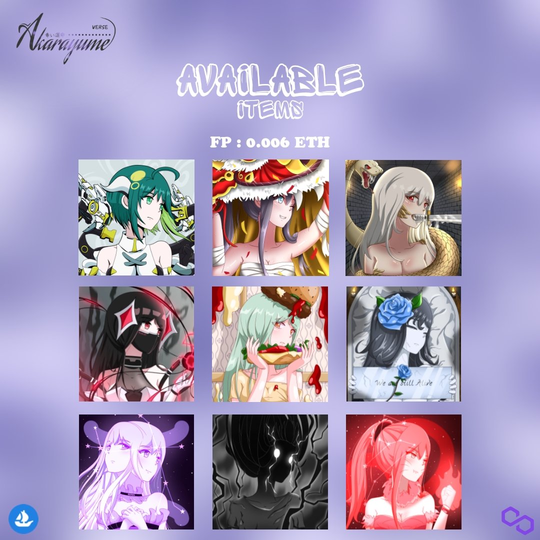 Good morning 🌸
9 items left in Akarayume's collection 

°Items Rarity : Uncommon &amp; Rare
°Price : 0.006 - 0.007 ETH
°Blockchain : Polygon

Let's check the items below 🥰
opensea.io/collection/aka…

 Thank you, have a nice day!
#NFTs #VERTICALNFT #NFT #NFTCommunity #nftart #NFTsales
