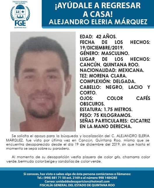 #Tebuscamos Alejandro Eleria Márquez desaparecido 19/12/2019 en #Cancun #QRoo <a href="/VivoEnIslaM/">Vivo en Isla Mujeres</a>  <a href="/MaruPina1/">Maru Piña</a> <a href="/laurys3/">Soy Làu #TodosSÓMOSMéxico</a> <a href="/LaAlamedaAlerta/">LaAlamedaAlerta</a> <a href="/_LaAlameda/">@_LaAlameda</a> <a href="/GenaroHita/">Genaro Hita</a> <a href="/LaAlamedaGto/">LaAlamedaGuanajuato</a> <a href="/LaAlamedaEdoMex/">La Alameda EdoMex</a>  <a href="/LaAlamedaJal/">LaAlamedaJalisco</a> <a href="/Jorgito702Jorge/">🤖 JORGITO CTA. OFICIAL 👷‍♂️🏗️</a> <a href="/LaAlamedaDF/">La AlamedaDF</a>  <a href="/astridcomet/">✨☄️astridcomet 💫</a> <a href="/TeQueremosVivo1/">Te Queremos Vivo</a> <a href="/QuintanaRoo_/">Verdad Memoria y Justicia</a>