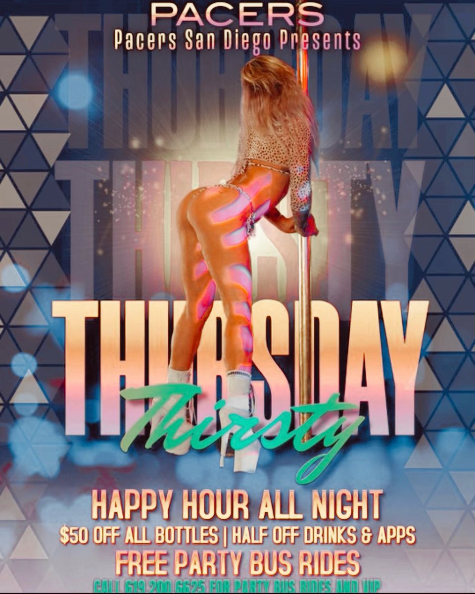 Thirsty Thursdays 💦 Book a table @Pacerssandiego
📞 619-200-6625 

#pacerssandiego #sandiego #nightlife #nightclub #ThirstyThursday #champagne #VIP #happyhour #pacers #entertainment #clubbing #partybus #downtown #bottleservice #drinks #appetizers #fun #SD #sandiegonightlife