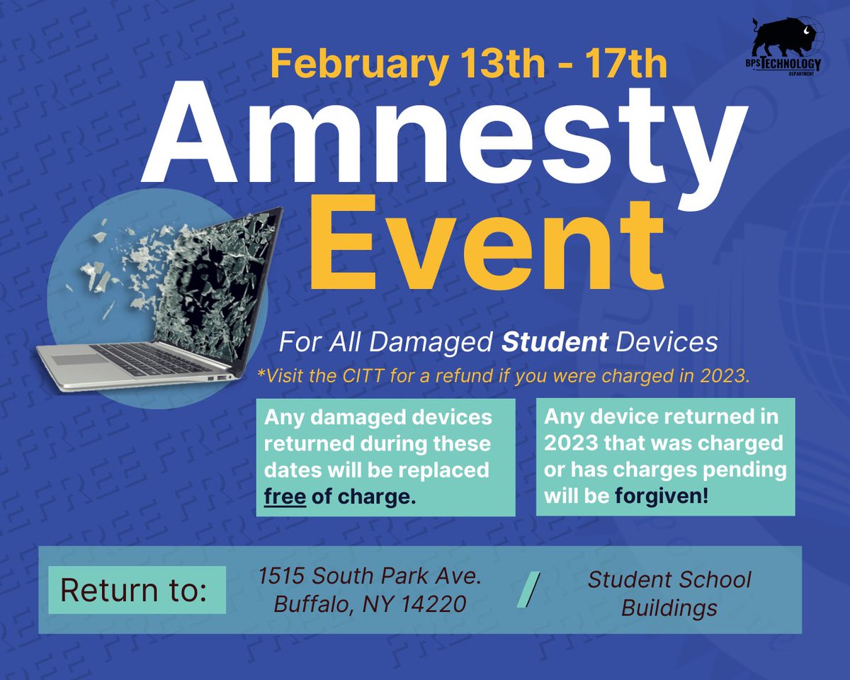 During the week of February 13th - 17th, amnesty will be granted for broken devices and there will be no costs associated with bringing the device to CITT for a new one.