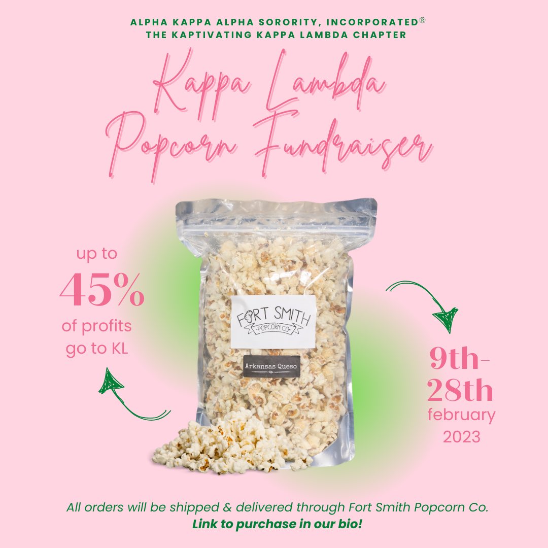 The Kaptivating Kappa Lambda chapter is partnering with @ for a fundraiser! Purchase your popcorn from February 9th until February 28th. KLick the link to purchase! jotform.com/230346617301043