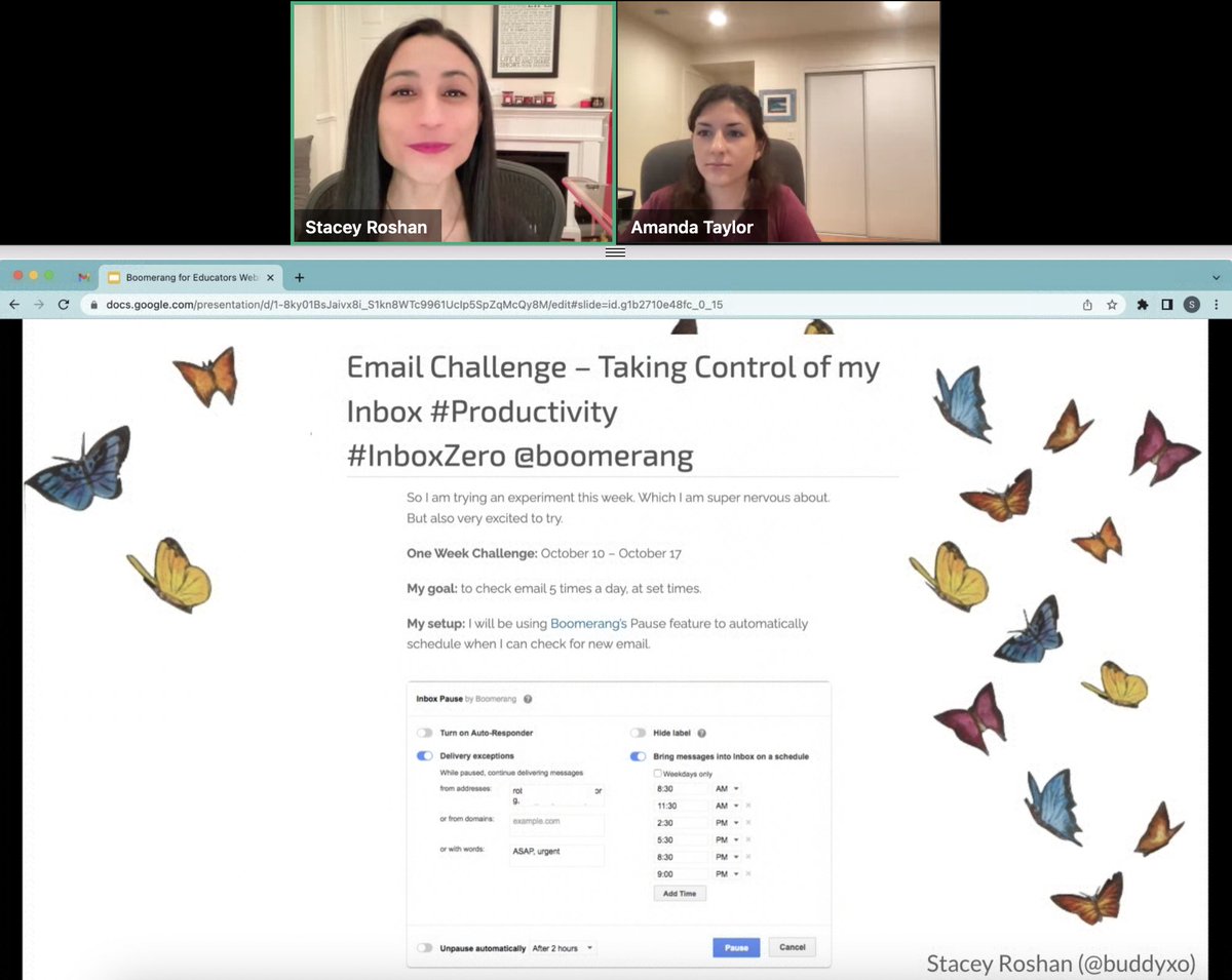 Really enjoying @buddyxo & Amanda from @boomerang talking about all things email, mental health, #productivity + organization! I will start designating set times to check my email moving ahead. Great job by you both! 👏👏👏 #edtech #edchat #TechWithHeart #InboxZero