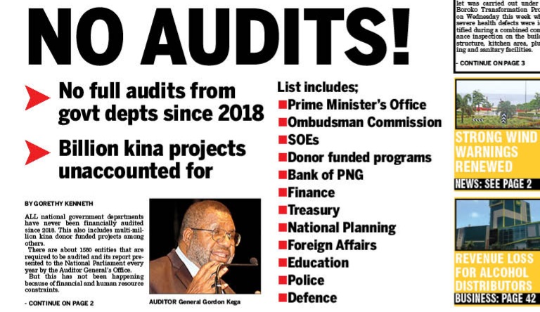 actnowpng's tweet photo. PNG NO AUDITS❗
NO AUDITS from govt depts since 2018!
Billion kina projects unaccounted for!
Listed are:
PMs office,OC,SOEs,Donor Funded Programs,BPNG, Finance,Treasury,N.Planning,F.Affairs,Education, Police,Defence.
Marape-Rosso #TakebackPNG ?
Today's P.courier Front page. https://t.co/GqTySQ0BZx