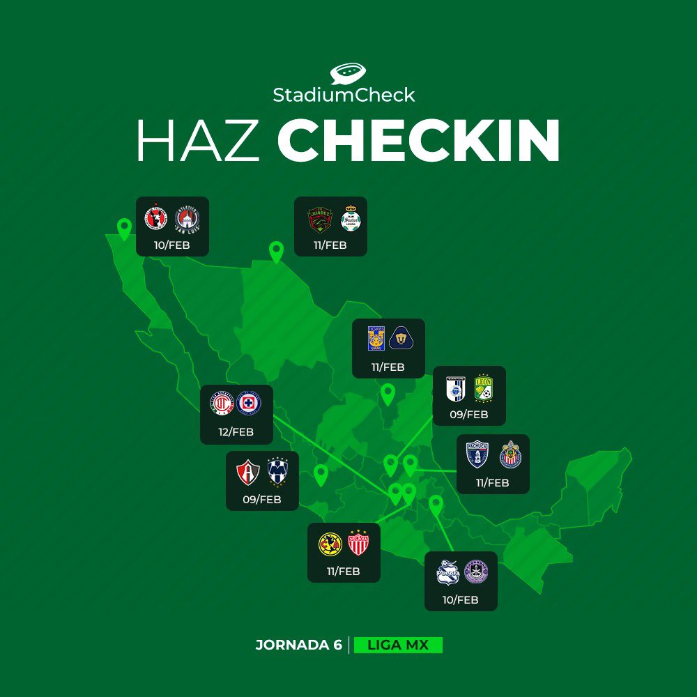 ¡¡¡MOMENTO DE FUTBOL MEXICANO!!!🇲🇽🤩

Esta es la ruta completa de los partidos de la Jornada 6 de la Liga MX. 

Si asistes a alguno, recuerda hacer Check-In en StadiumCheck, disponible en Apple Store y Google Play.
