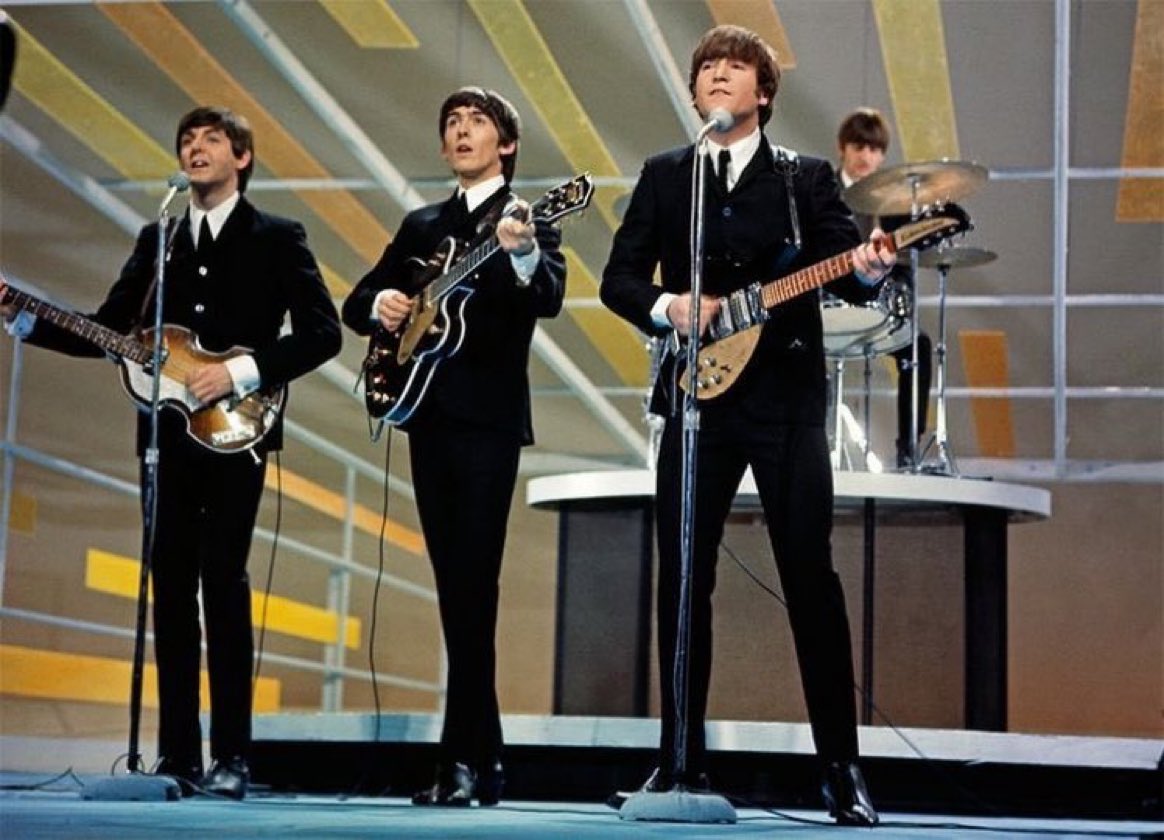 On this day in 1964 the Beatles played The Ed Sullivan Show. Colorized 1964 #TheBeatles #thefabfour #60sMusic #JohnLennon #PaulMcCartney #georgeharrison #RingoStarr #EdSullivan #History