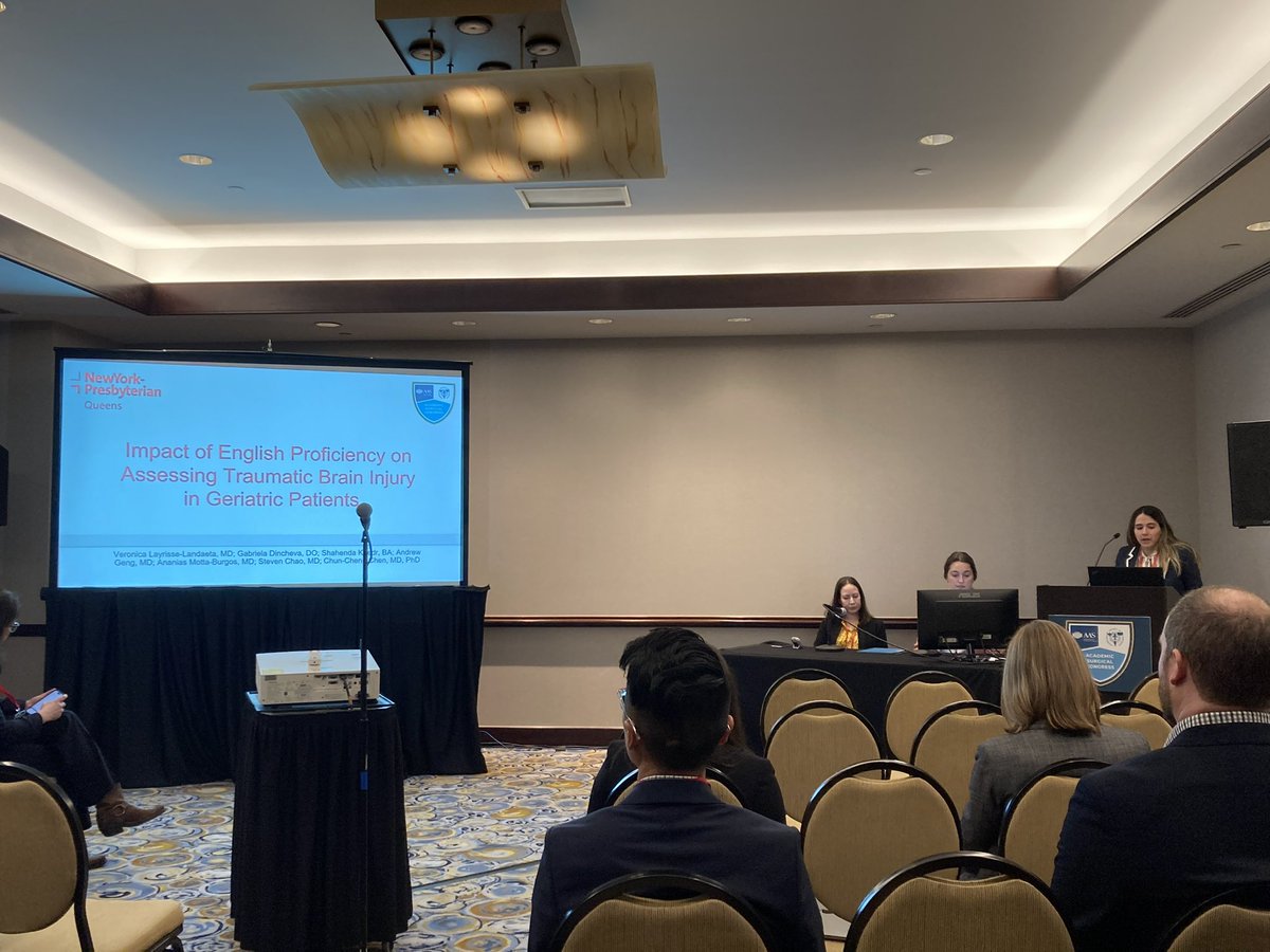 SChaoMD's tweet photo. Veronica Layrisse-Landaeta, NYP Queens surgical resident, presented on how English proficiency affects geriatric head trauma outcomes. #ASC2023 @AcademicSurgery https://t.co/jPj4M6oQgk
