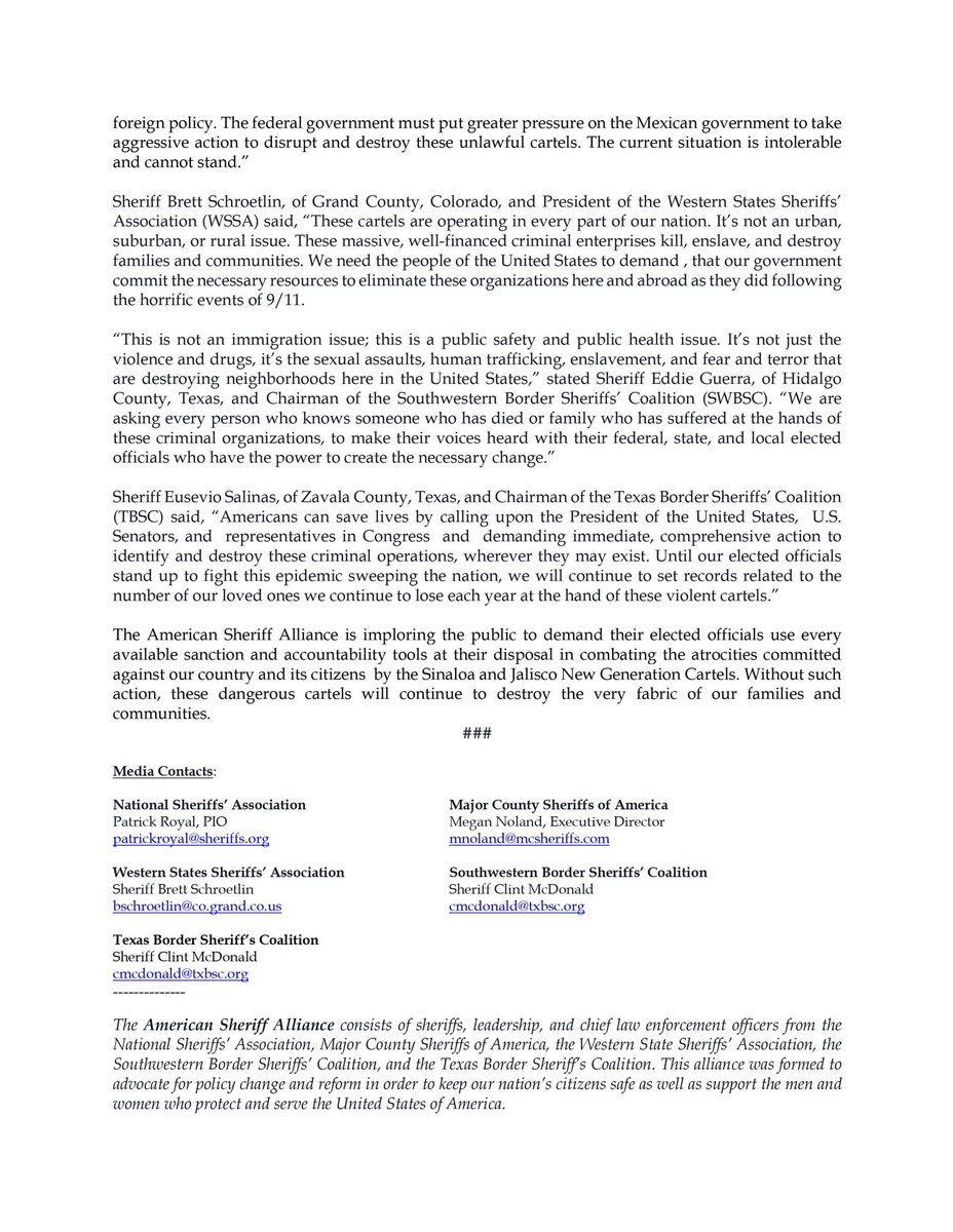 SheriffGuerra's tweet photo. Please read the following press release from our nation’s Sheriffs and call upon your federal elected officials to change our foreign policy and force the Mexican government to dismantle these drug cartels that are operating with impunity. @JoeBiden https://t.co/Cd3s9MLkLA