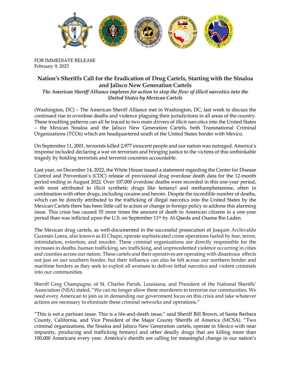 SheriffGuerra's tweet photo. Please read the following press release from our nation’s Sheriffs and call upon your federal elected officials to change our foreign policy and force the Mexican government to dismantle these drug cartels that are operating with impunity. @JoeBiden https://t.co/Cd3s9MLkLA