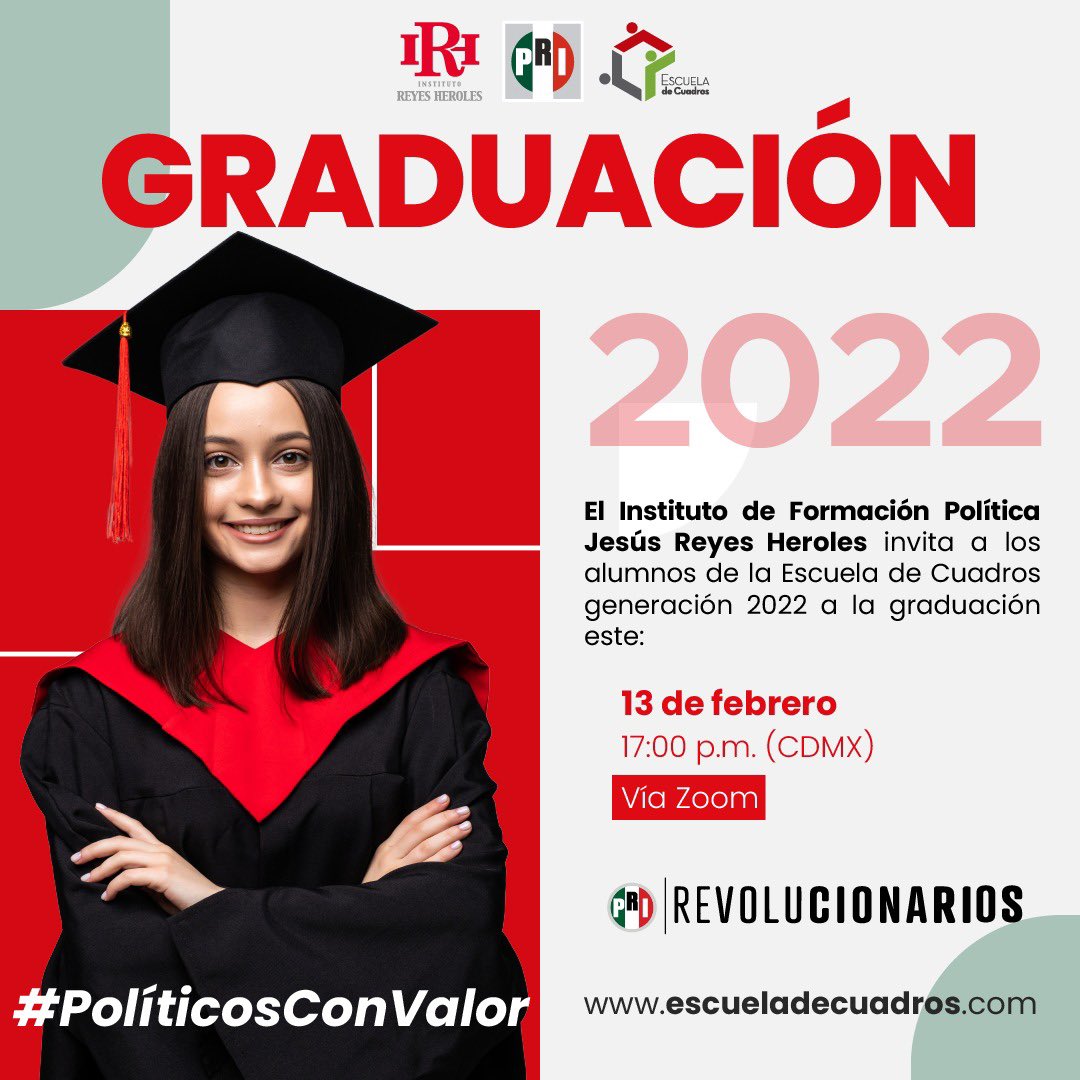EC_IRH's tweet photo. 🚨Atención alumnas y alumnos🚨

La Escuela de Cuadros tiene el honor de invitarlos a celebrar la Graduación de la Generación 2022. 

🗓️13 de febrero 
⏱️ 17:00 horas 
📲 Facebook Live del @PRI_Nacional. 

#PolíticosConValor 🎓 https://t.co/STLToQ7o2i