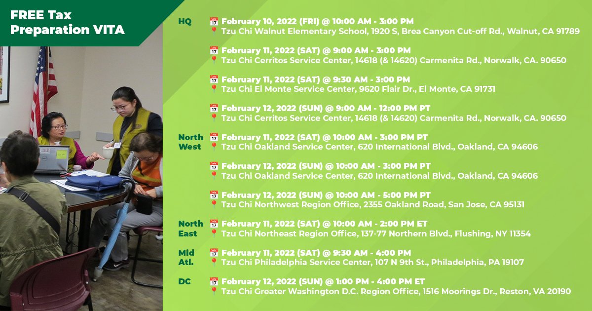 TzuChiUSA's tweet photo. This weekend, let #TzuChiVolunteers help you navigate your income tax returns for free. See if you qualify and visit https://t.co/NgHxk2eVIy for full list of locations:  https://t.co/NgHxk2eVIy #IncomeTaxPrep #FreeTaxPrep #FileYourTaxes #TaxesSimplified #IncomeTaxSeason https://t.co/MdN9vJ2xN8