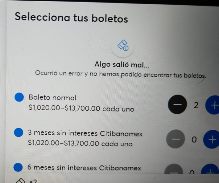diego17_89's tweet photo. @Ticketmaster_Me Me estuvo saliendo este mensaje al inicio de la venta y nunca me dejó seleccionar los boletos 😡 https://t.co/pGCfwmqv8v
