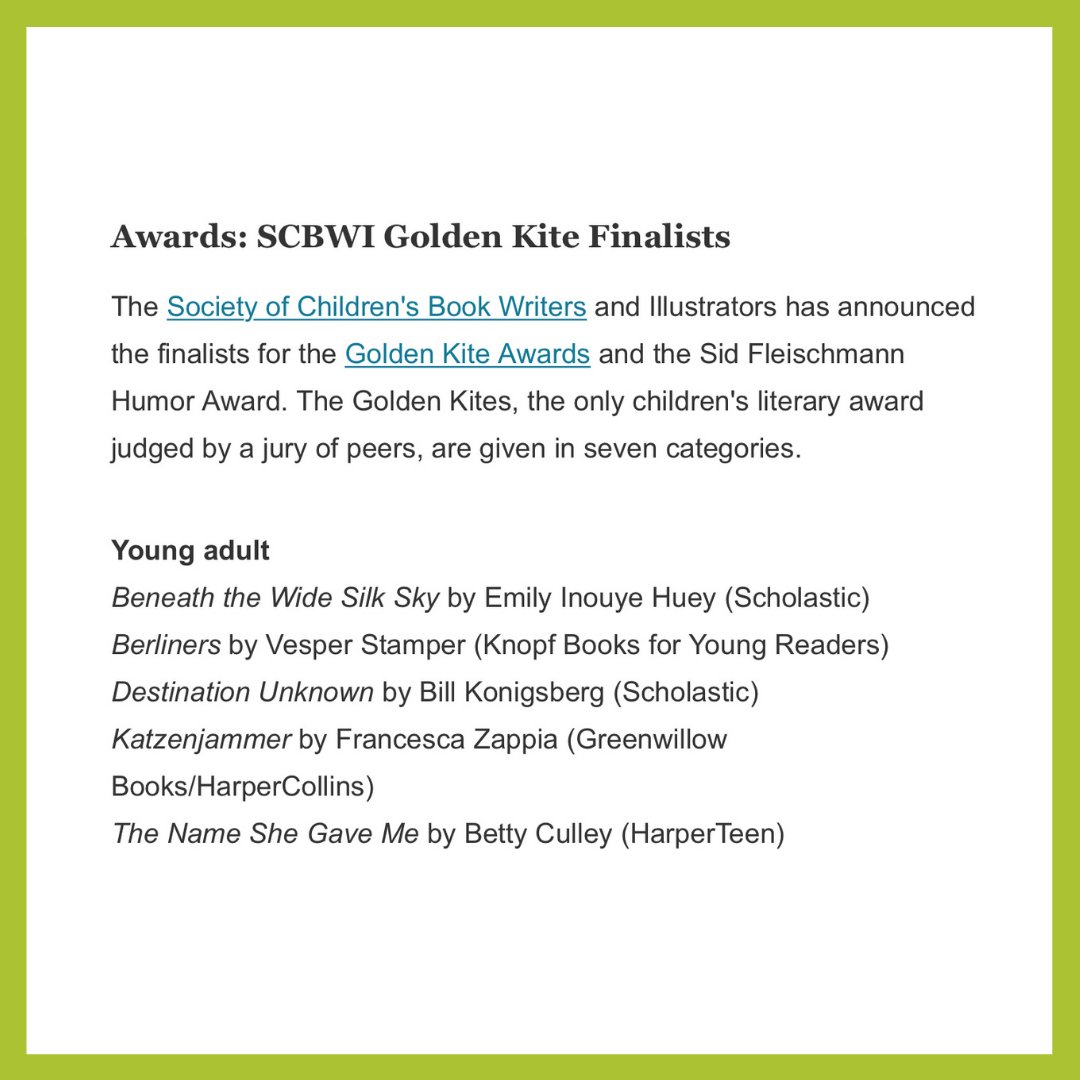 I am overwhelmed and terribly grateful that BTWSS has been included as a finalist for the #GoldenKiteAward. Thank you so very much to @SCBWI. And huge congratulations to all the finalists! 💛