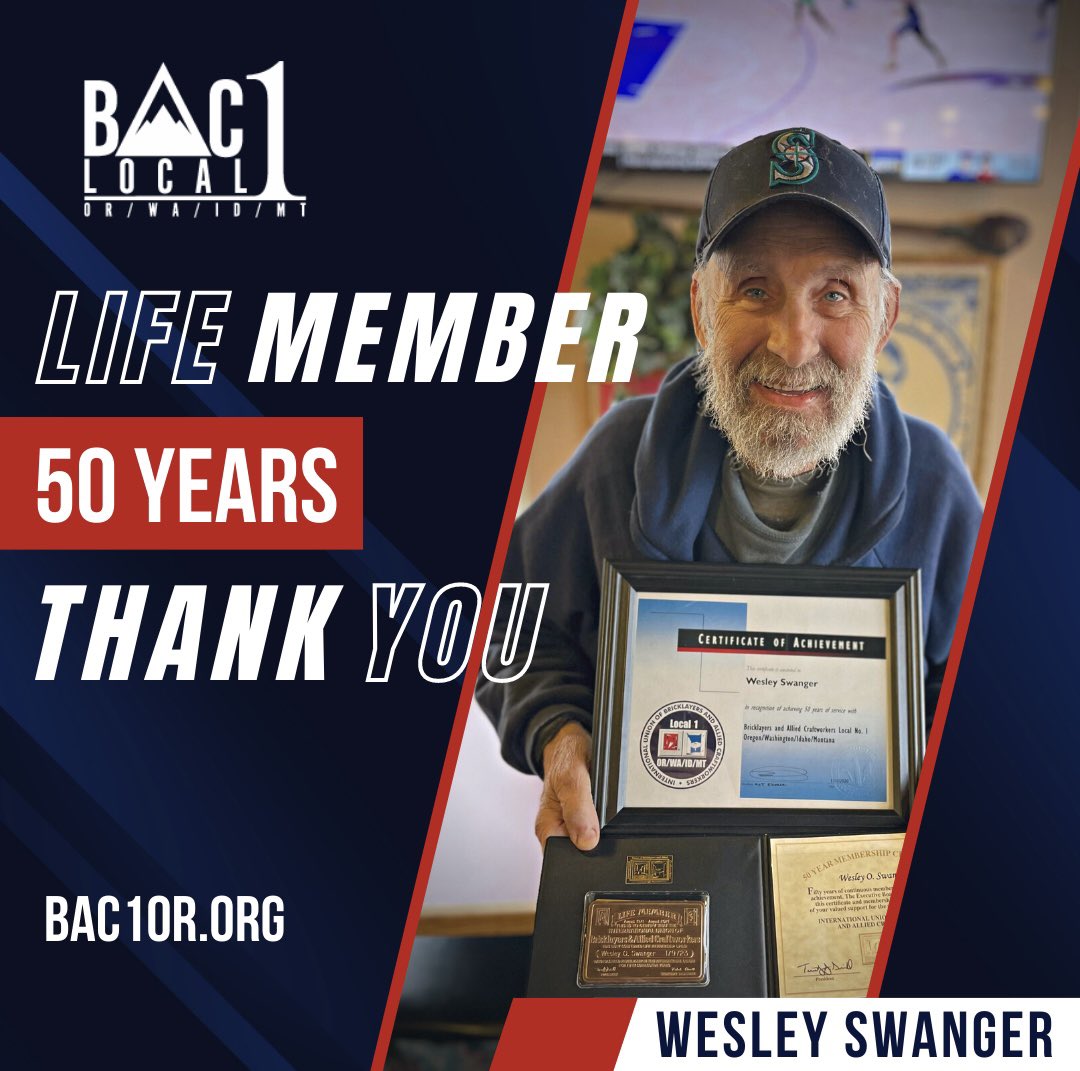 Bac1Oregon's tweet photo. Congratulations to Wes Swanger on 50yrs in the BAC! Wes is the former Local #6 Eugene, OR President before they merged into Portland.  Thanks for all your hard work over the years Wes!  

#bac1orwaidmt #unionstrong https://t.co/xWD5F5V1Kg