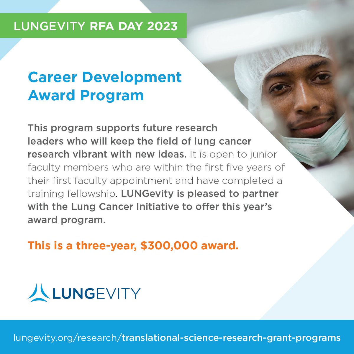 Request for applications: Lungevity is proud to partner with the #LungCancerInitiative on the #CareerDevelopmentAward for future #research leaders in lung cancer. To learn more and apply, visit bit.ly/2X7P3na
#cancerresearch #lungcancer #RFADAY #RFA