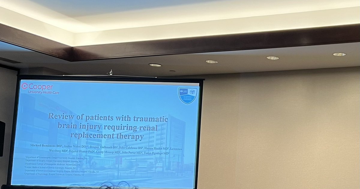 mabamimore's tweet photo. Grateful for the opportunity to showcase our work on renal replacement therapies in traumatic brain injury patients. #ASC2023 @CooperNsxRes @CooperNeuroSurg @DrTanyaEgodage @NeurosurgeryBot #neurosurgery #MedTwitter #traumasurgery https://t.co/dKyvwIfqL6