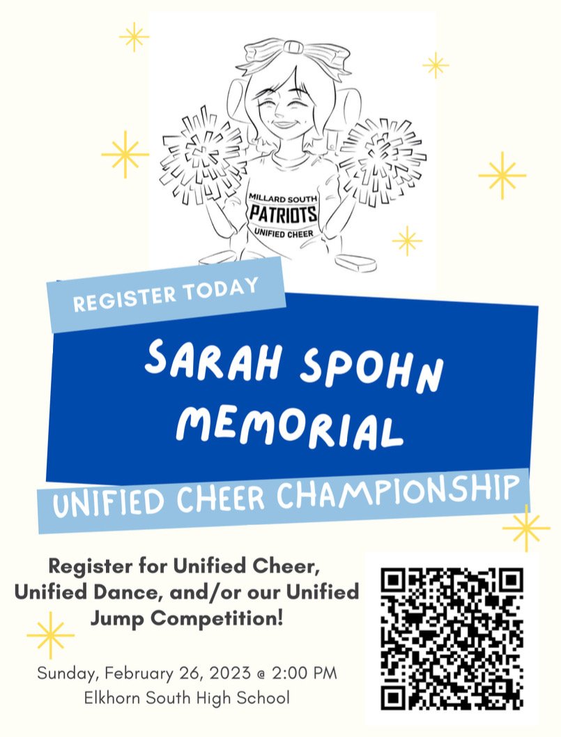 Please join us for the Sarah Spohn Memorial Cheer Championship at <a href="/ElkhornPS_ESHS/">Elkhorn South HS</a> on February 26. Sarah touched lots of hearts with her bright smile and love for cheer. Join us to celebrate and remember. ❤️🤍💙